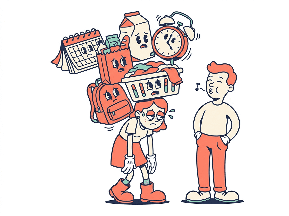An exhausted woman carries an unstable pile of household tasks alone — calendar, groceries, doctor appointments, laundry, school bag — while her relaxed partner stands empty-handed.
