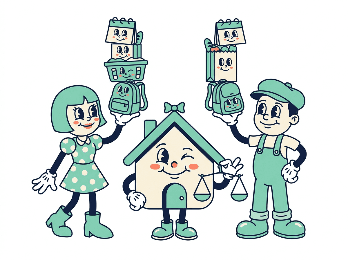The same couple smiling: household tasks are split into two balanced piles, with the Keurzen house mascot holding a small scale between them.