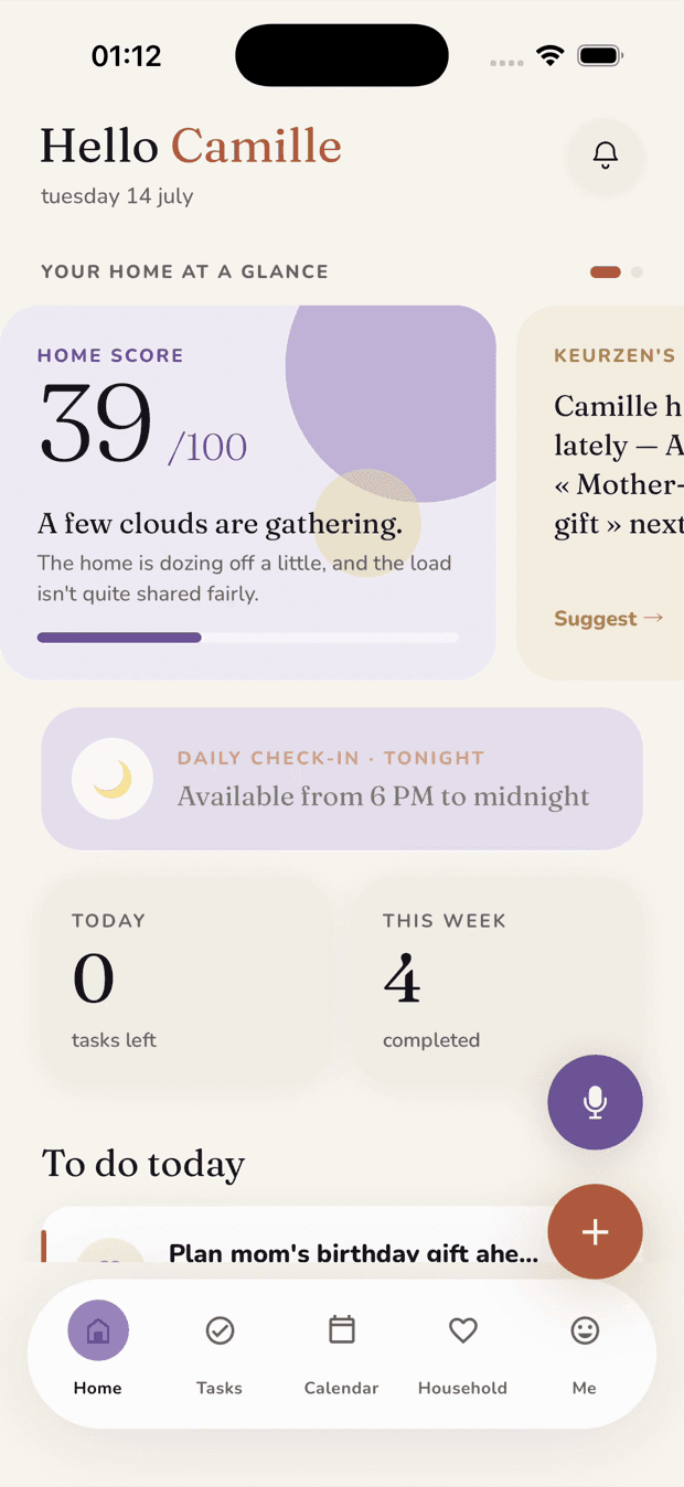Keurzen's real home screen: home score 39 out of 100, « A few clouds are gathering », daily check-in and today's remaining tasks.