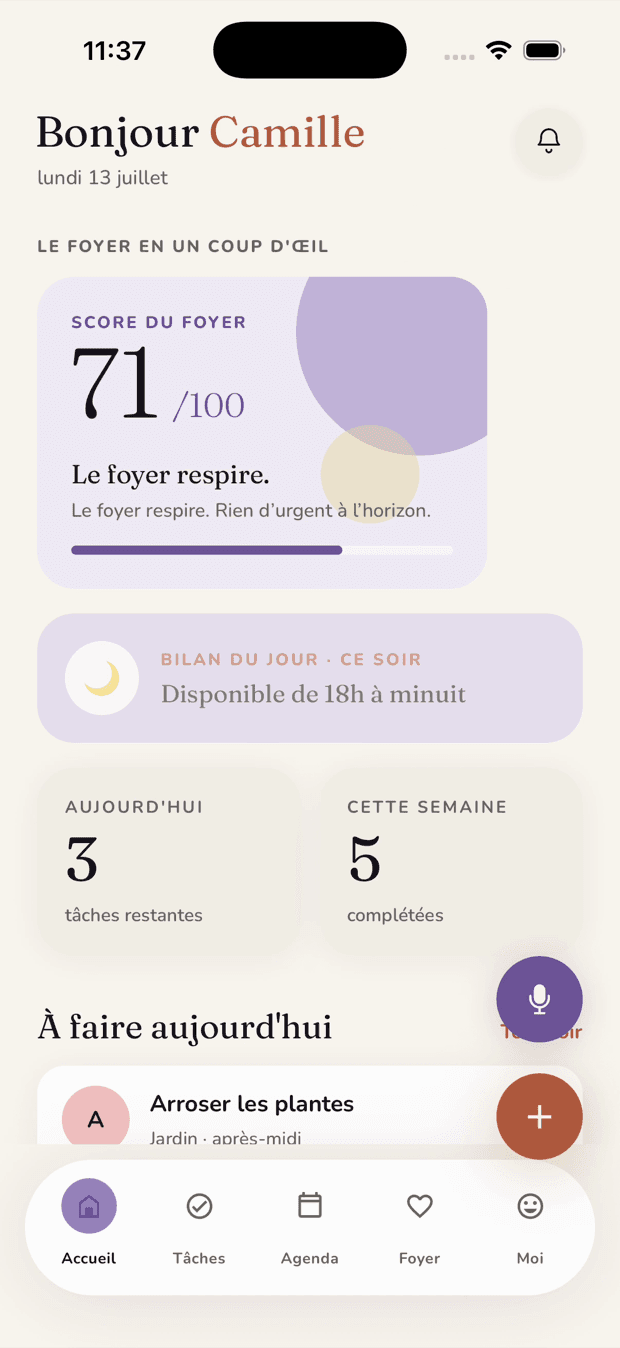 Écran d'accueil réel de l'app Keurzen : score du foyer 71 sur 100, « Le foyer respire. Rien d'urgent à l'horizon », bilan du jour et tâches restantes.